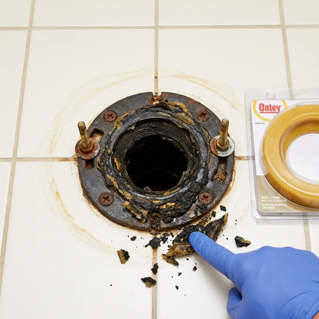 Failed wax ring showing water seepage at the base of a toilet in a Lakeland, FL home
