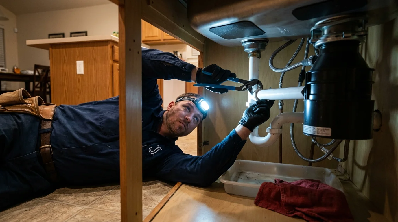 P-trap and supply line connections under a kitchen sink showing a common leak point in Lakeland, FL